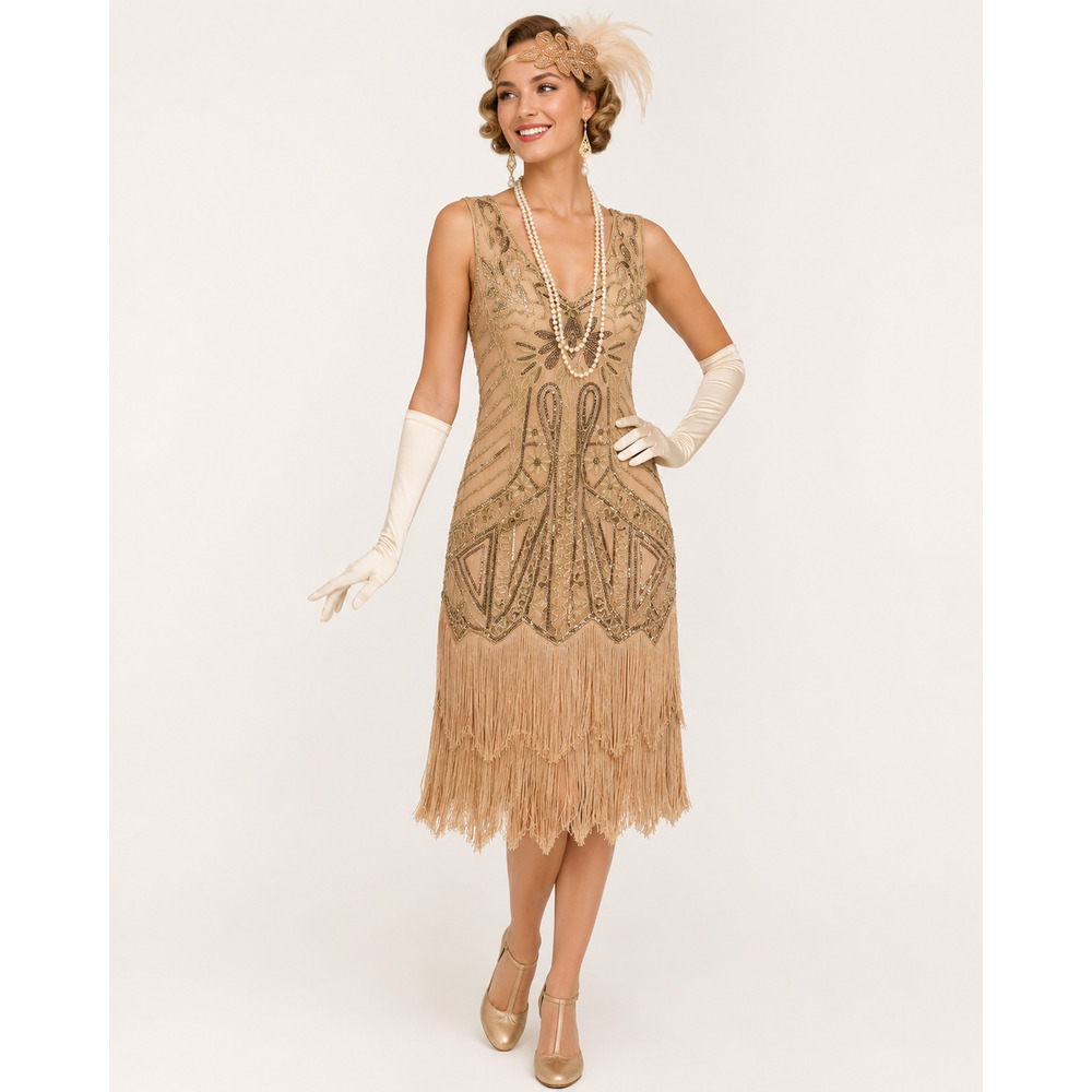 Beaded Fringe Midi Dress in Beige - Picture 2 of 6